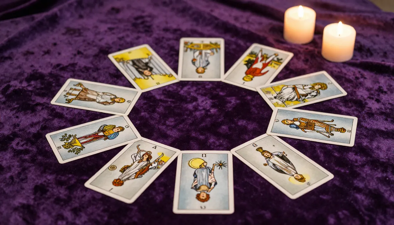 A mystical and aesthetic tarot spread on a luxury violet vel...