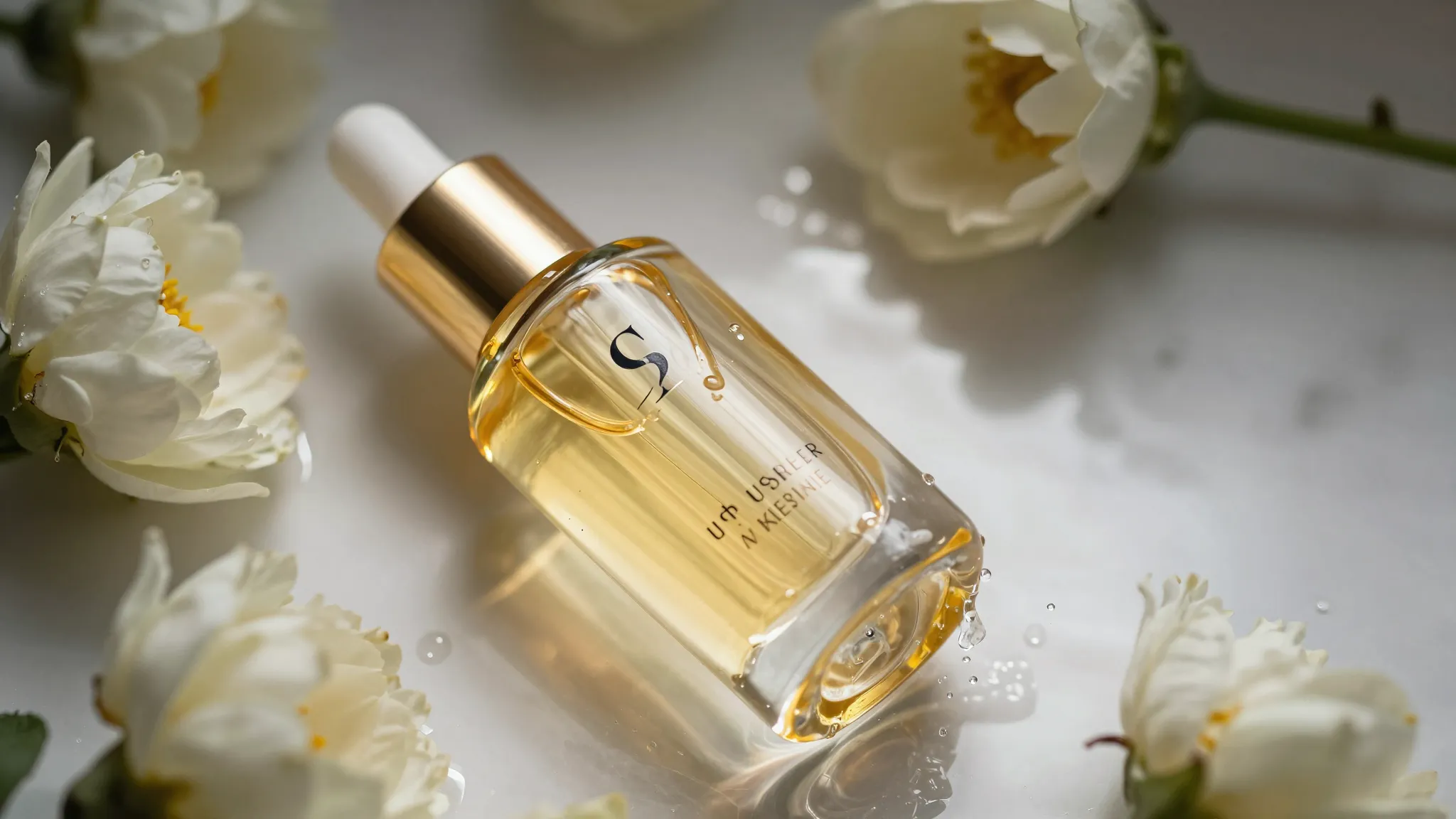 Close-up of a premium small glass bottle with a golden liqui...