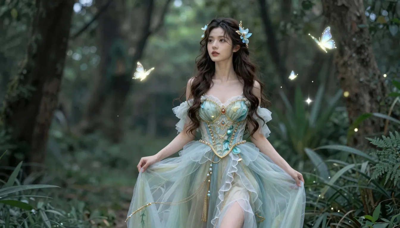 A beautiful young woman in a fantasy dress wandering through...