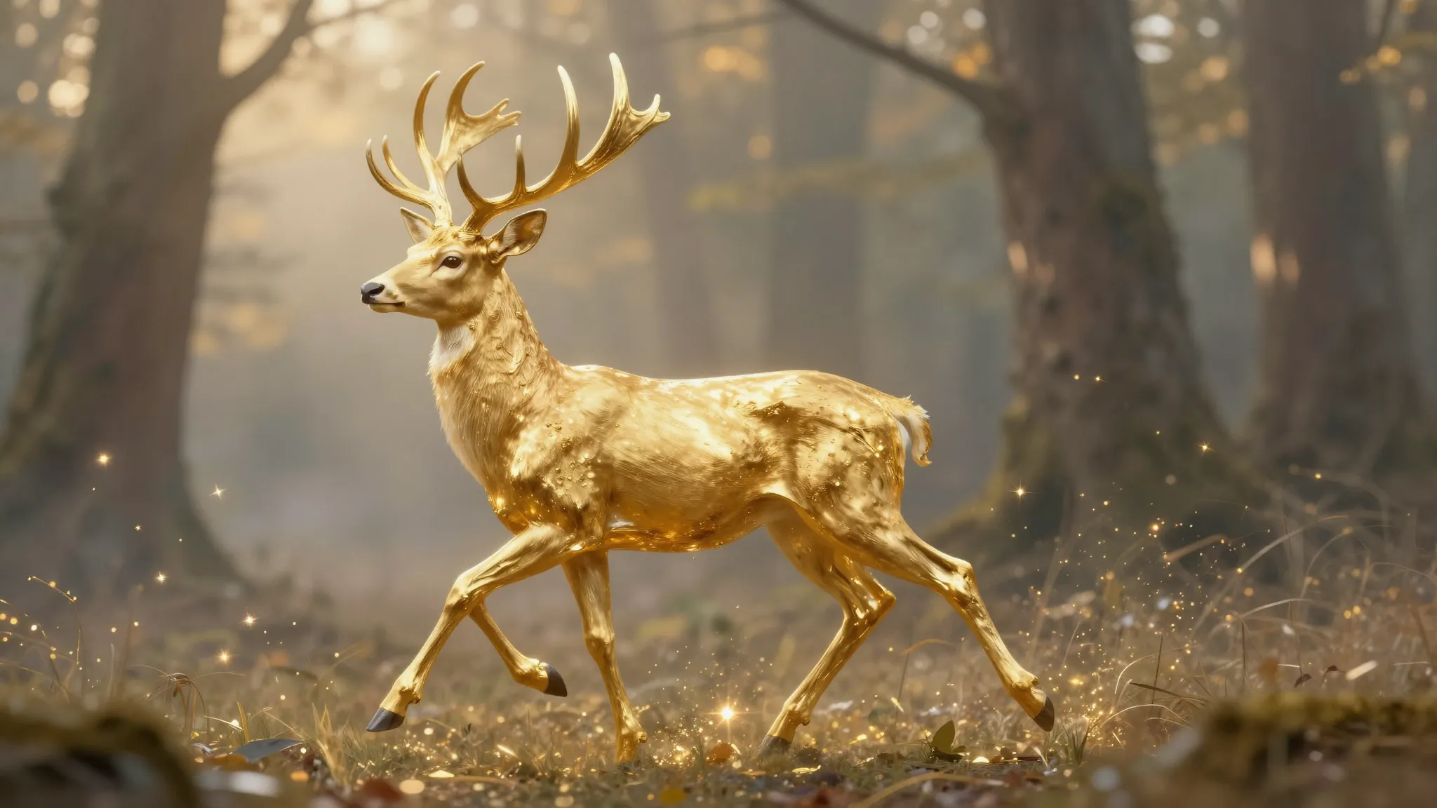 A majestic golden doe made of liquid gold running through a ...