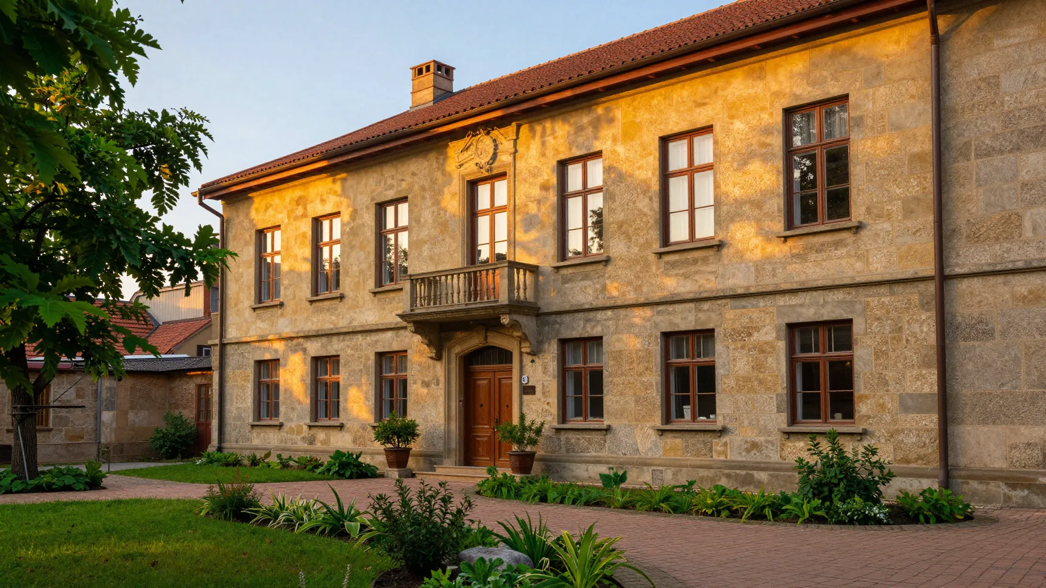 A beautiful old courtyard featuring a 5-story residential bu...