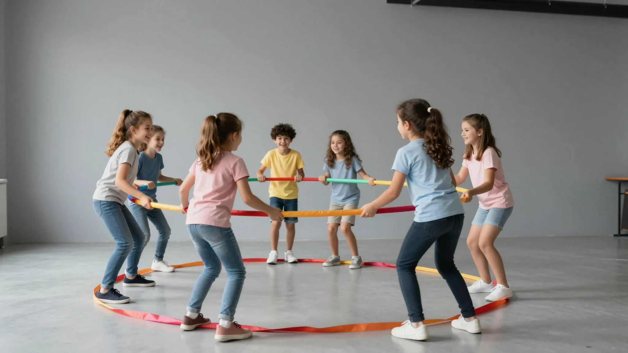 Children 7-9 years old playing a team game with a giant ring...