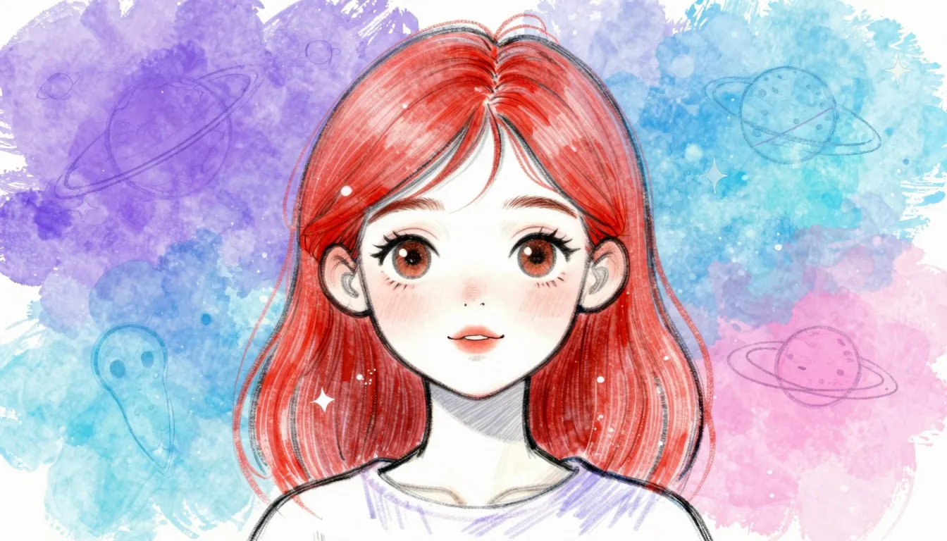 A sketch drawing of a red-haired girl with hazel eyes, in a ...