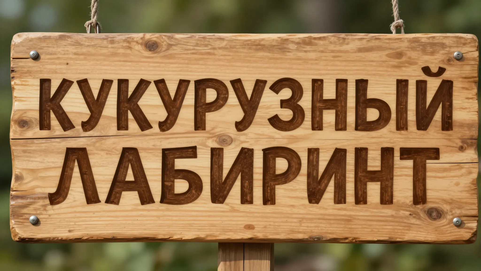 A wooden sign with the text "КУКУРУЗНЫЙ ЛАБИРИНТ" in a singl...