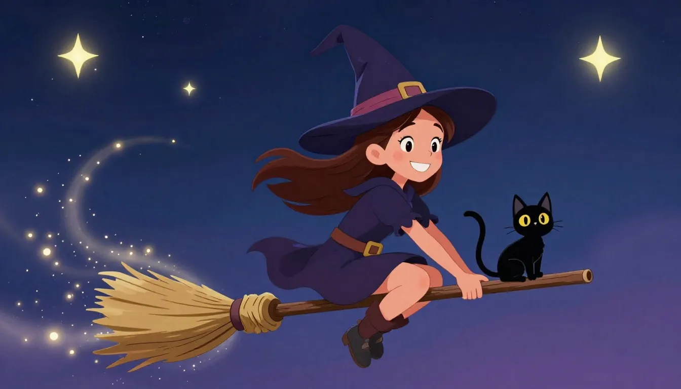 A cheerful and friendly young witch with a mischievous twink...