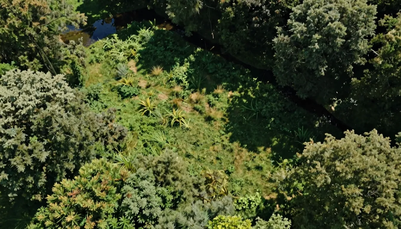 Aerial view of a green forest clearing with a small river ne...