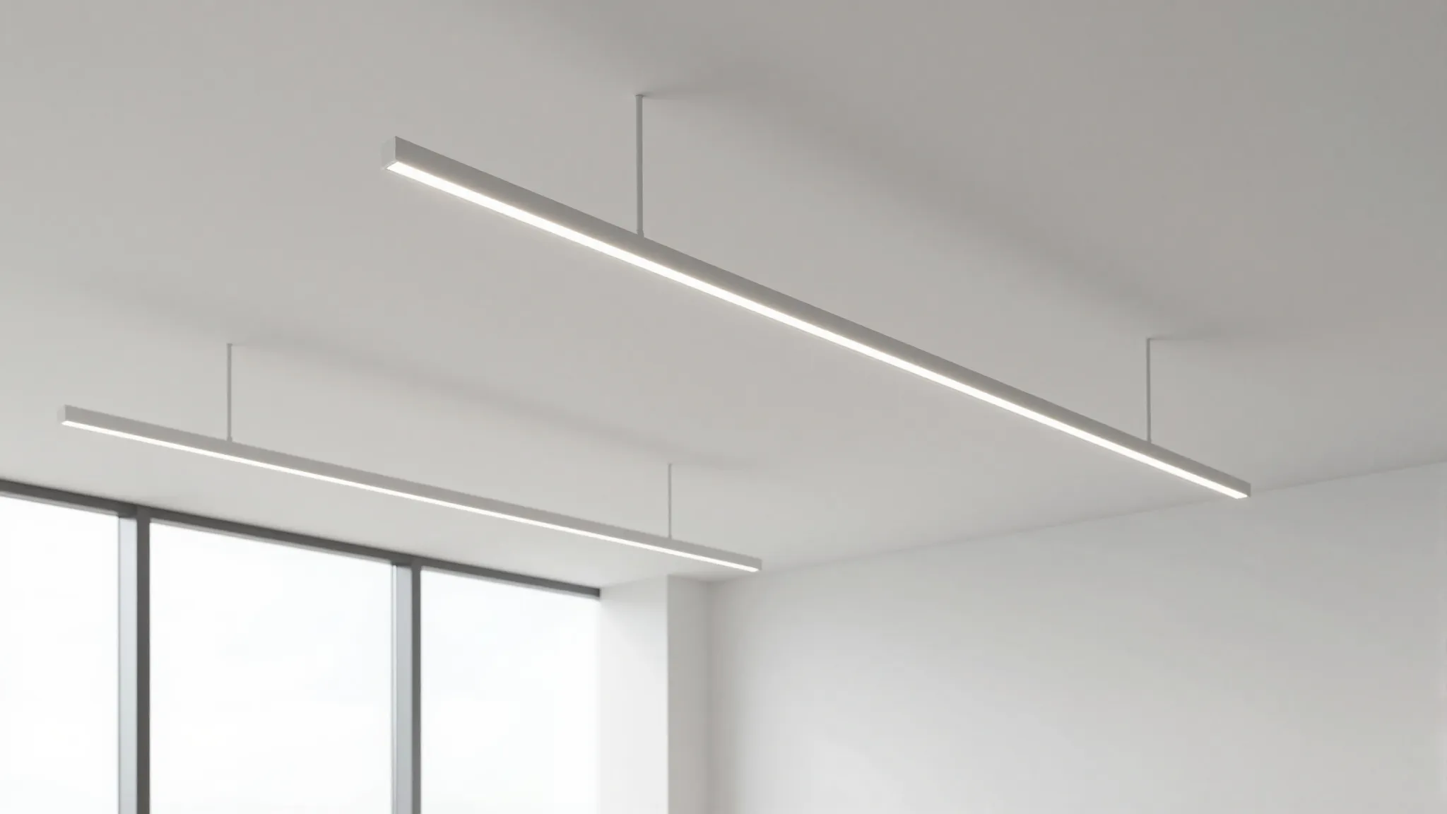 Minimalist office interior with sleek linear LED lamps on th...