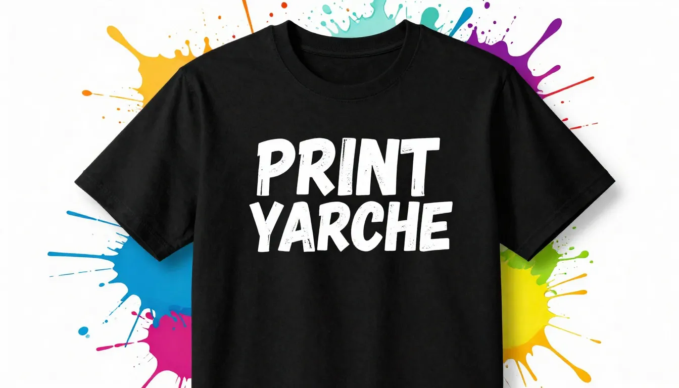 Bold typography design 'PRINT YARCHE' on a black t-shirt, su...