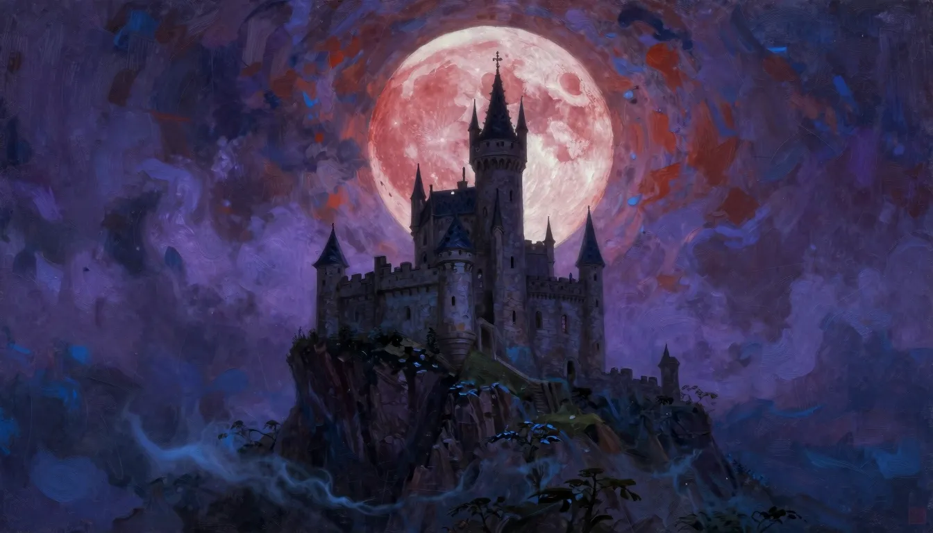 A lonely ancient castle on a jagged cliff under a massive bl...