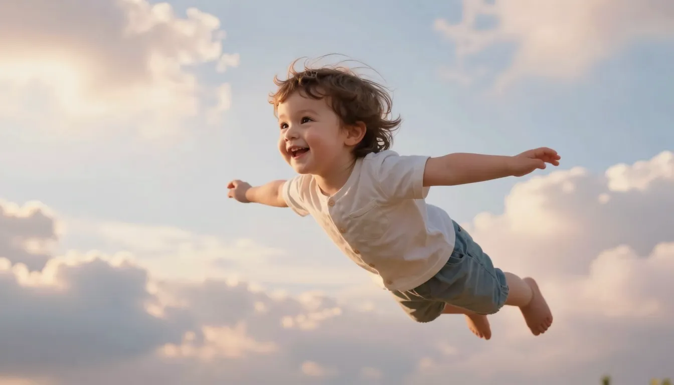 A joyful toddler flying through a dreamy sky filled with sof...
