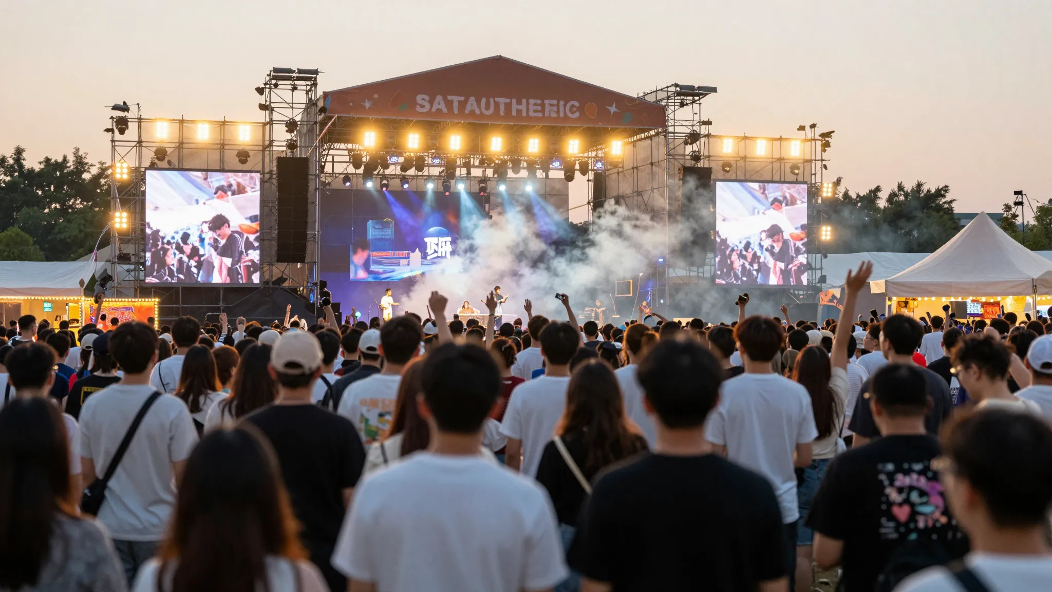 A crowded outdoor music festival at sunset, stage lights, ha...