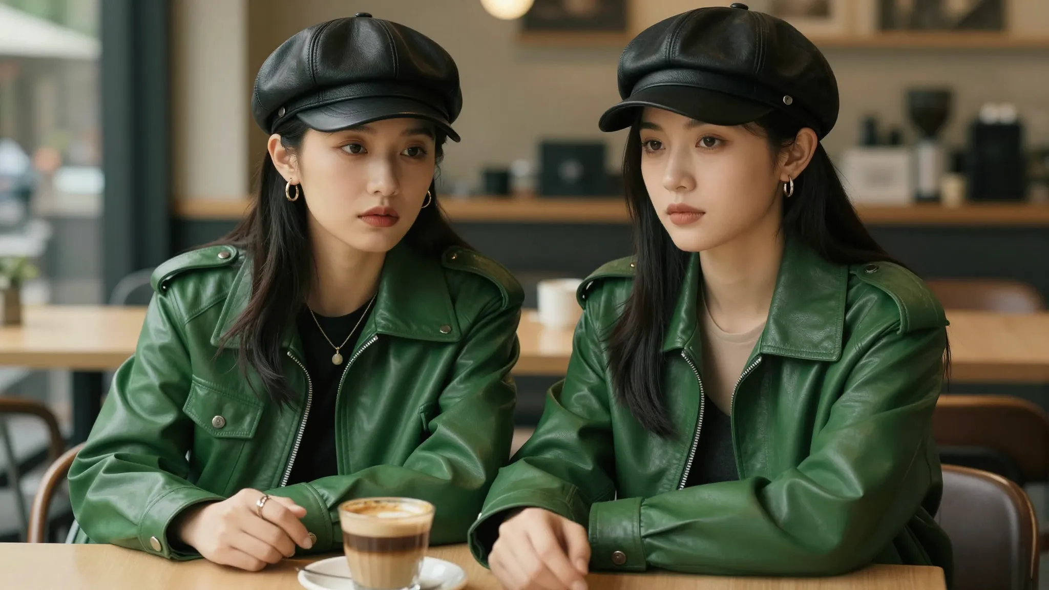 Two stylish young Chinese women, best friends, sitting toget...
