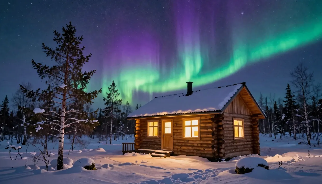 A cozy wooden cabin in the snowy Murmansk tundra, warm yello...