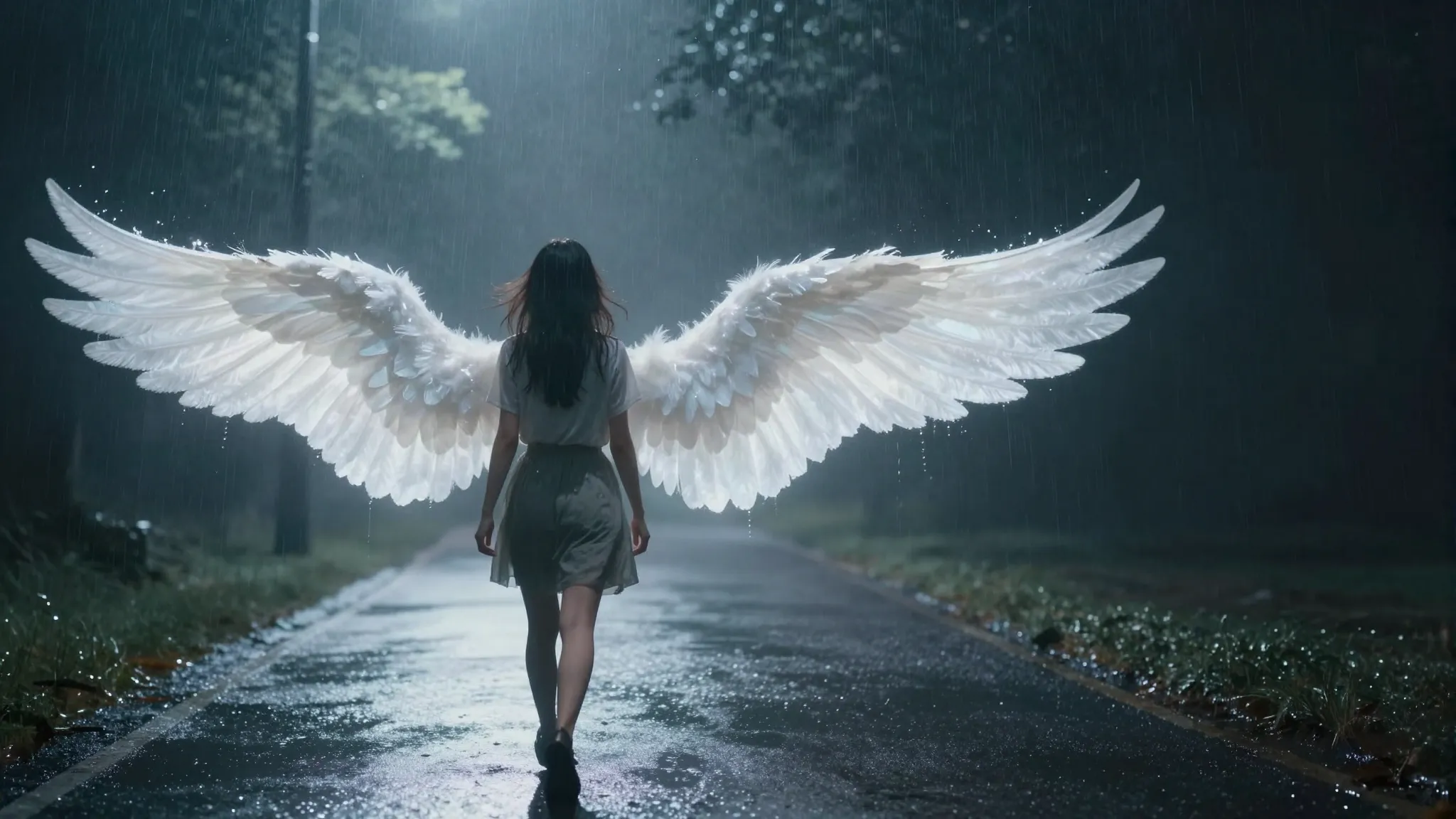 A cinematic shot of a woman walking away into the misty nigh...