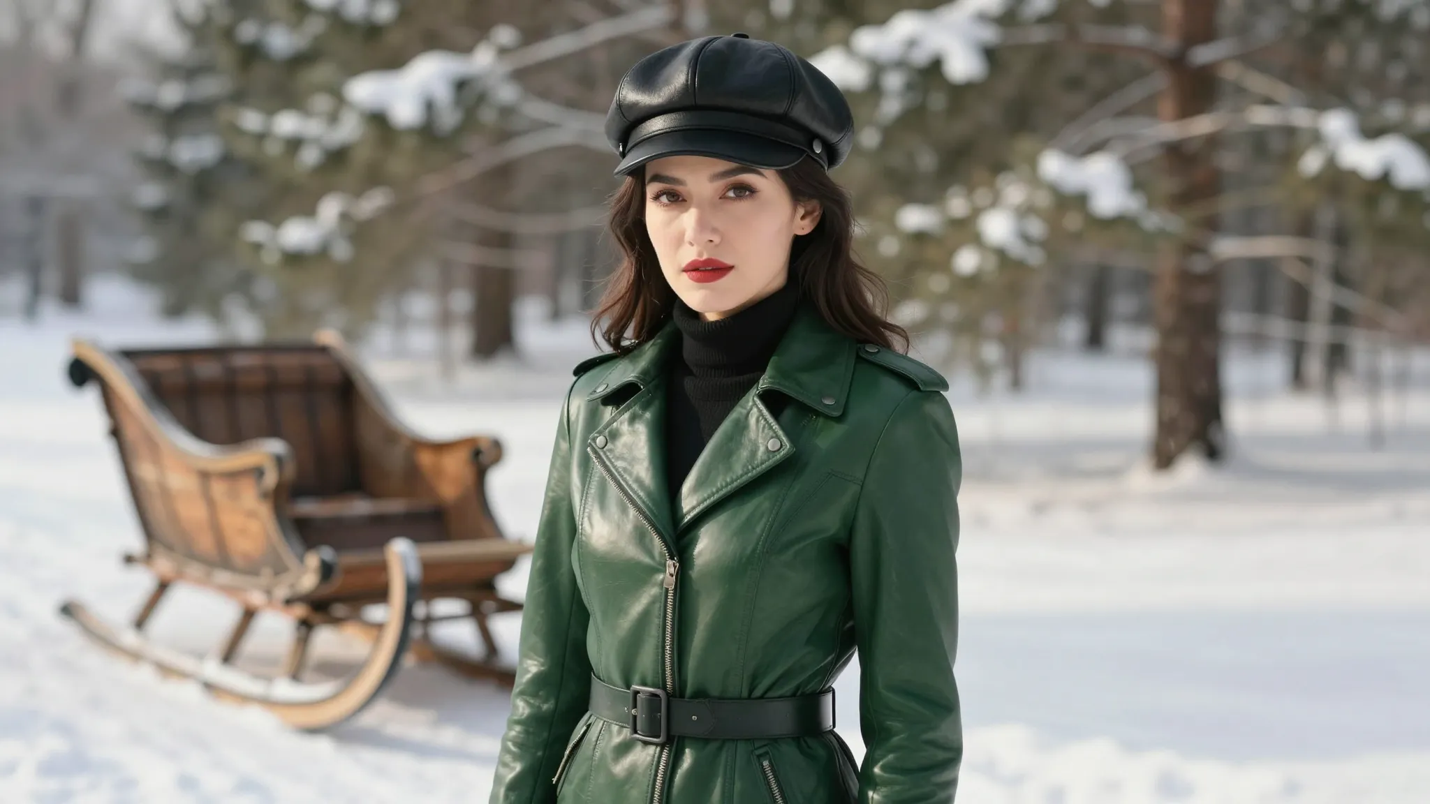 A stylish woman in a green leather jacket and a black leathe...