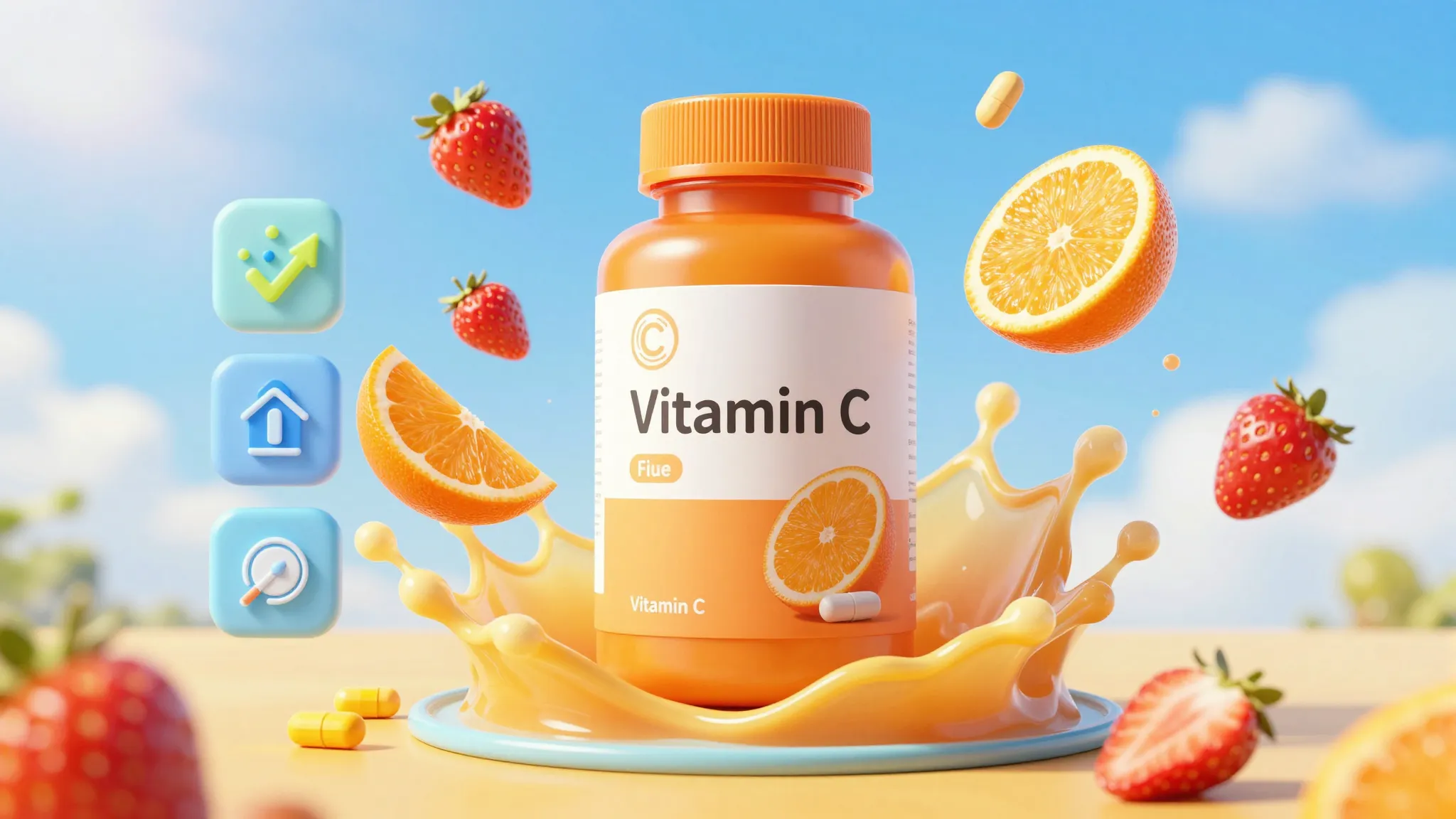 Vibrant marketplace infographic for Vitamin C tablets, large...