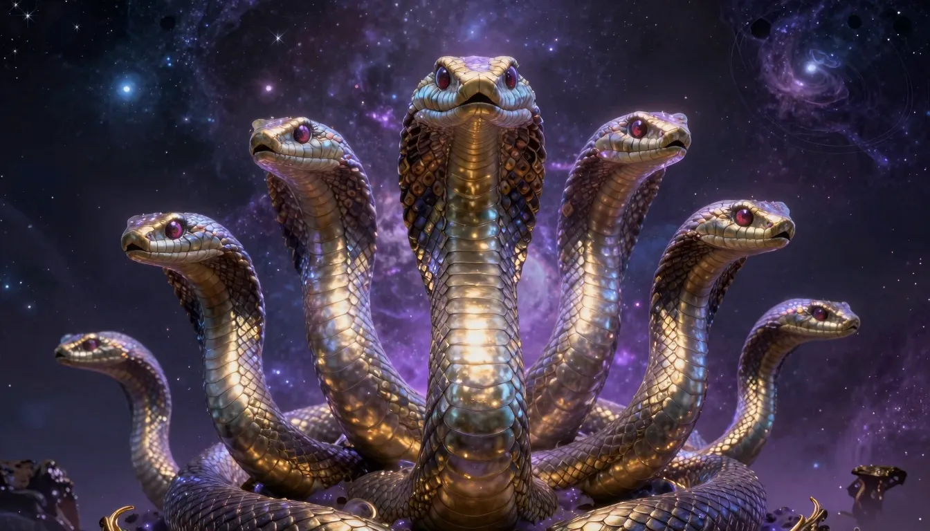 A giant celestial serpent with multiple heads glowing with c...