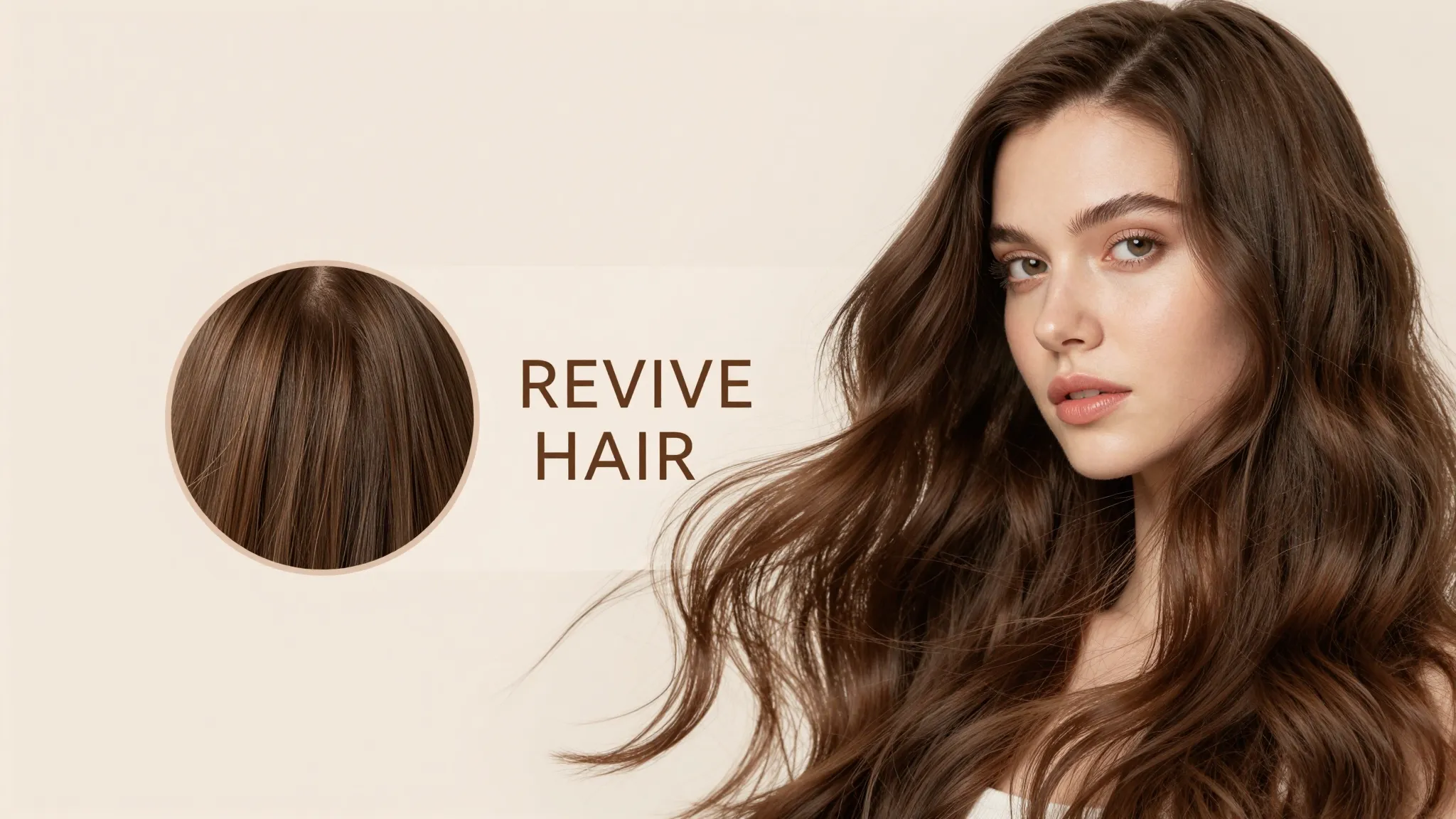 Advertising banner for 'REVIVE HAIR'. A split composition: o...