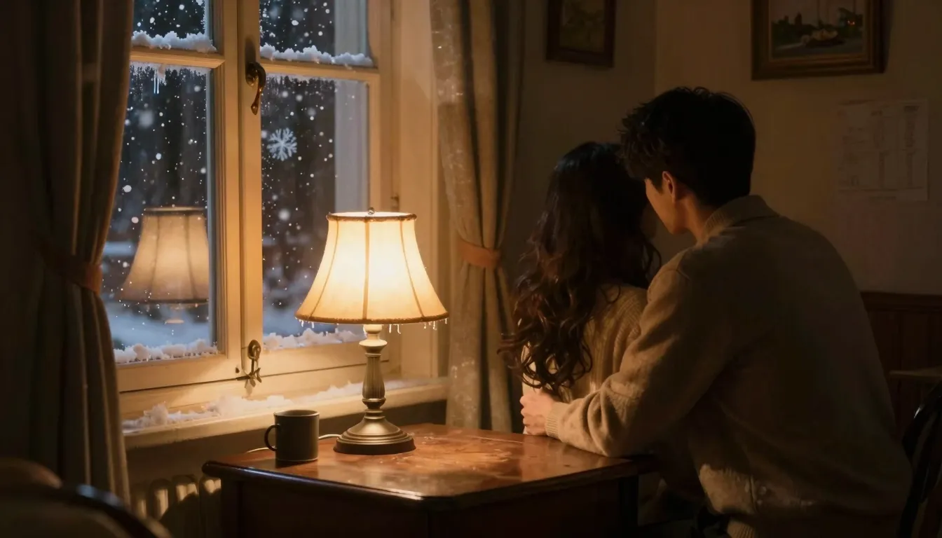 A cozy, warm interior of a vintage room at night. A soft glo...