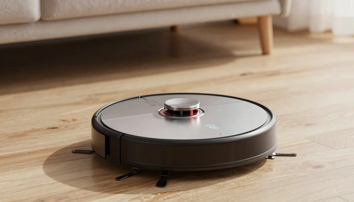 Cinematic shot of a modern robot vacuum cleaner moving smoot...