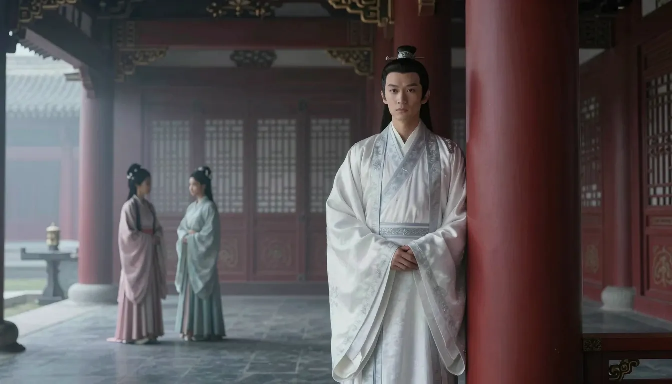 A lonely Chinese prince in white and silver silk robes stand...