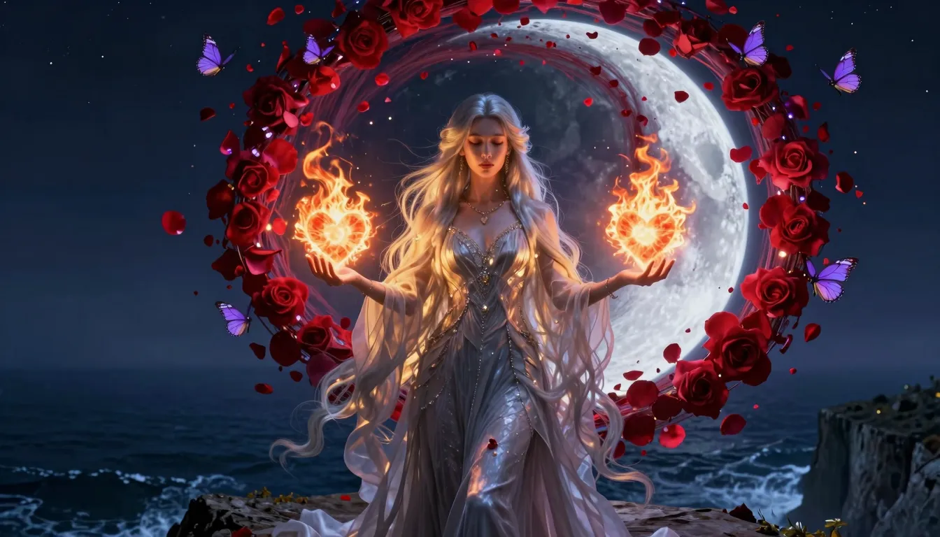 Ethereal Moon Goddess standing on a high cliff edge, long fl...