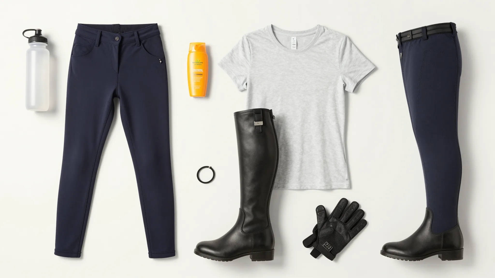 A flat lay image showing items for a summer equestrian train...
