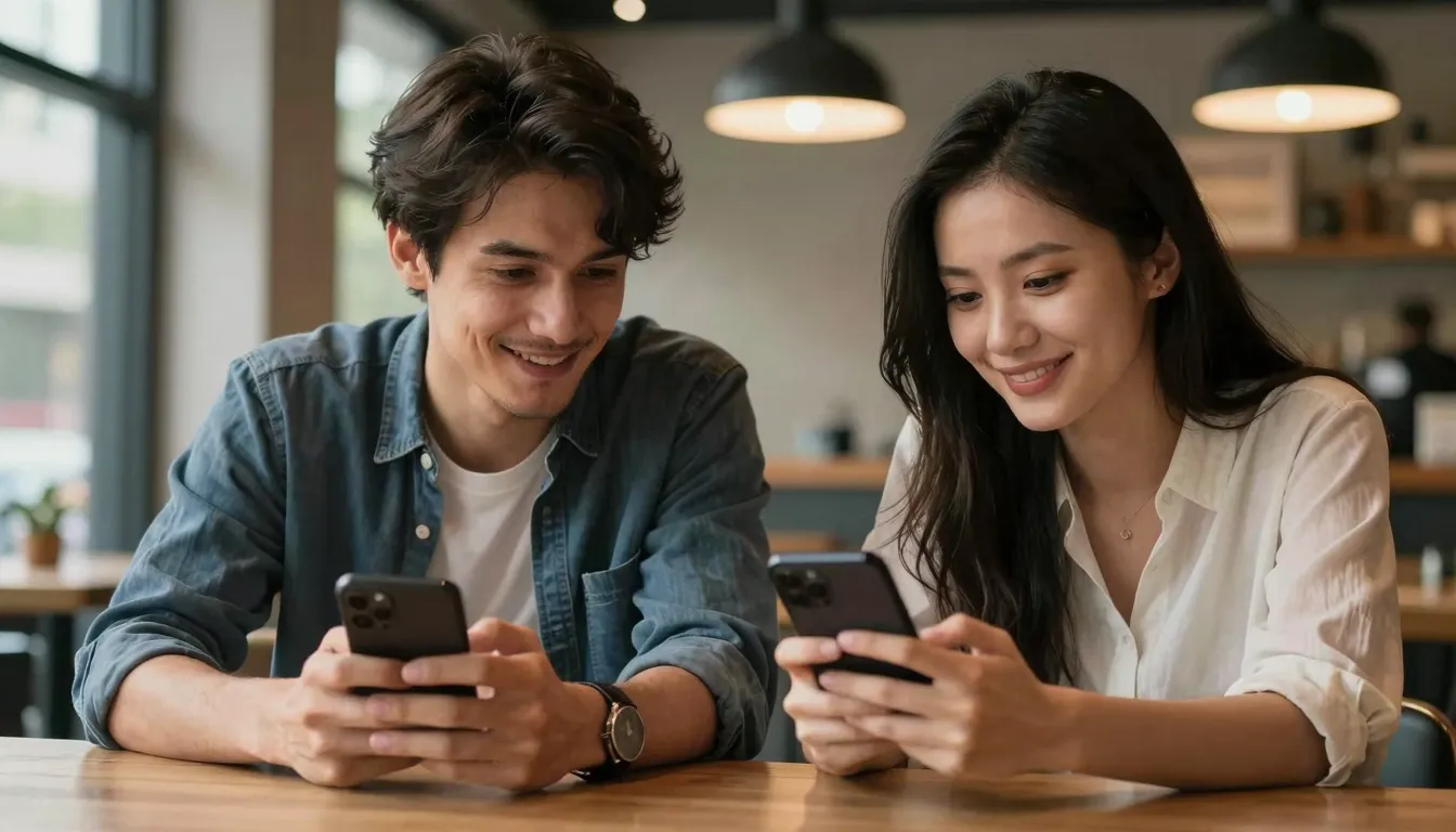Two people, a man and a woman, looking at their smartphones ...