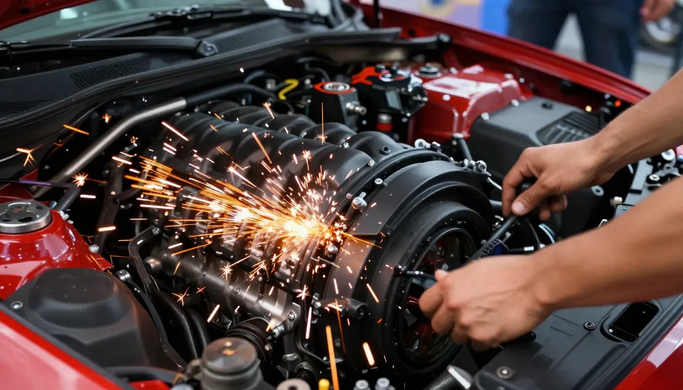 Dynamic intro video still for a car show, close-up of a powe...