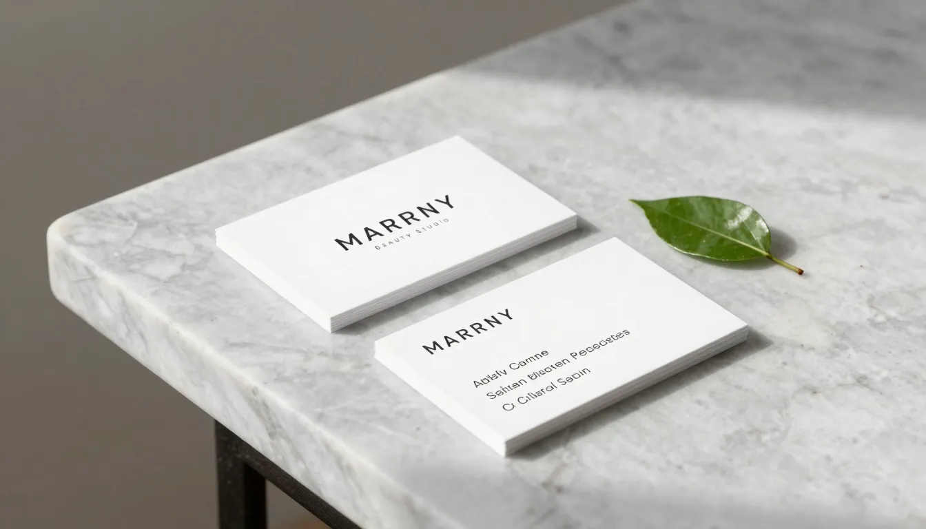 Minimalist beauty studio branding elements, business card on...