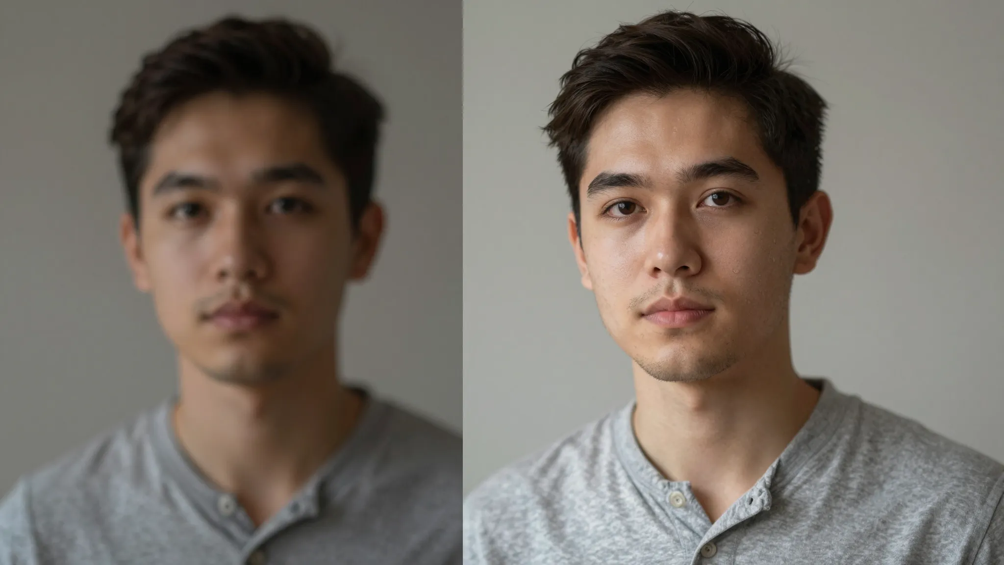 A split screen showing a photo before and after AI processin...
