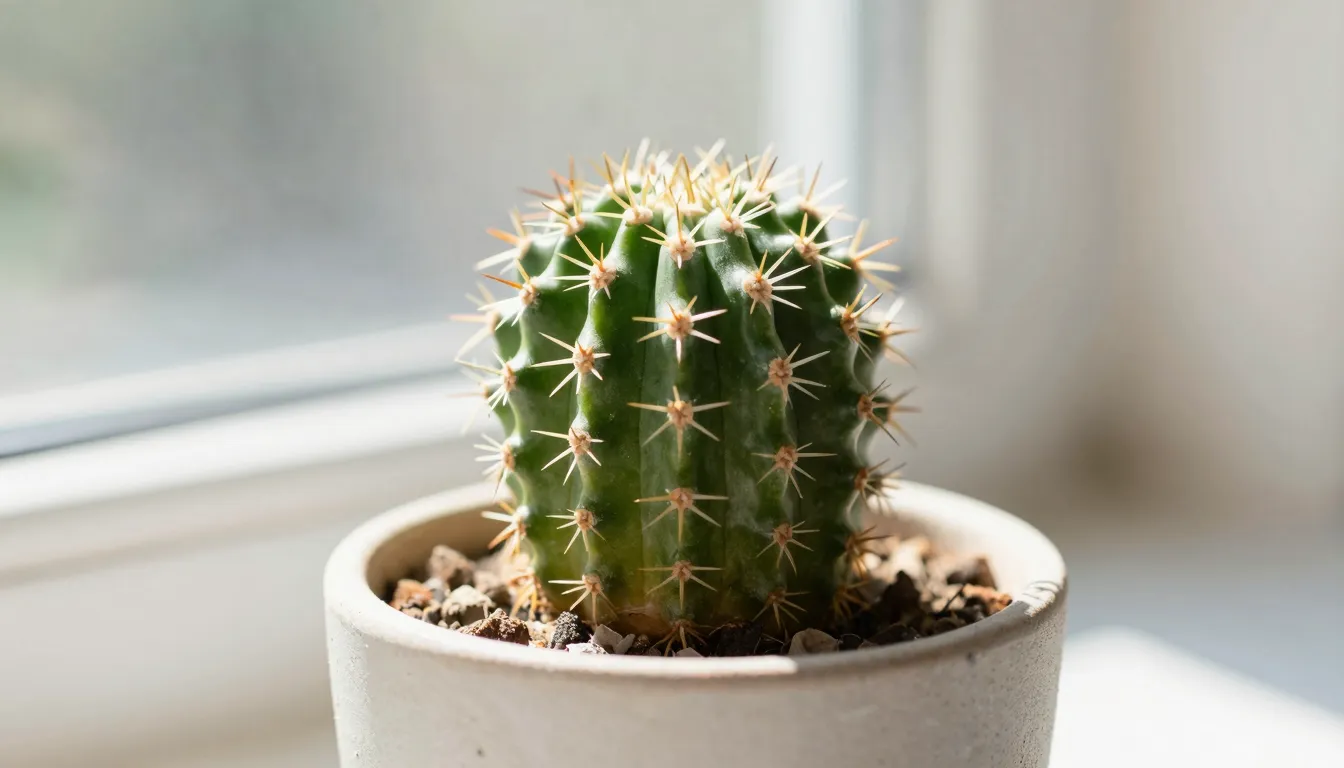 Close up of a small baby Echinopsis cactus in a stylish mini...
