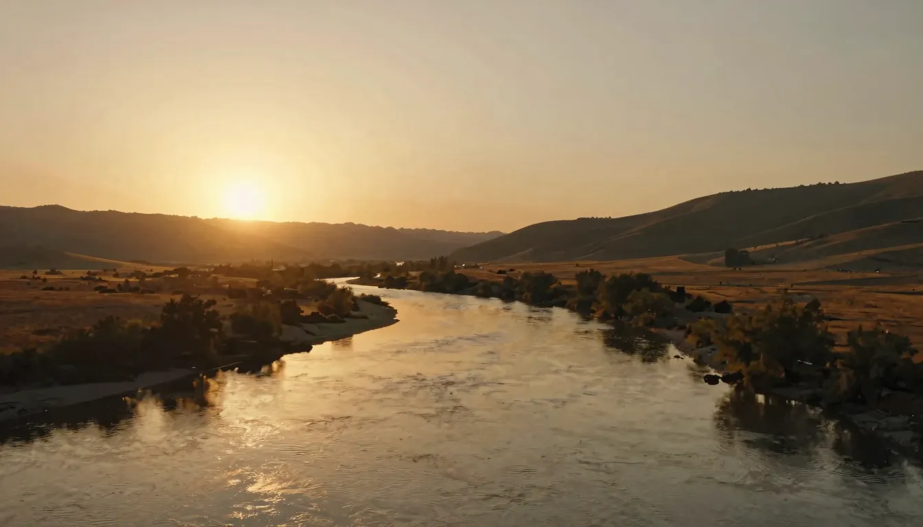 A peaceful landscape at sunset with a calm river flowing thr...