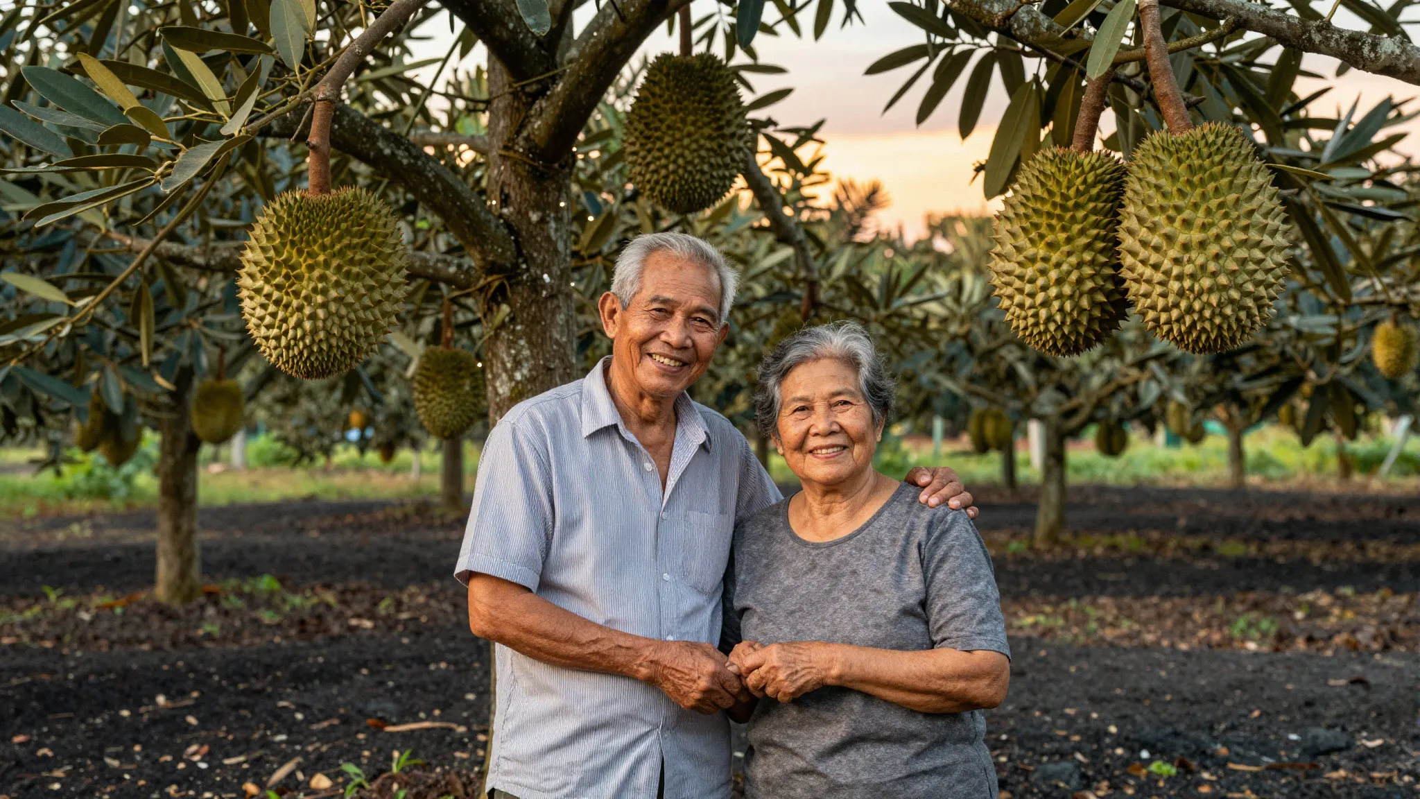 A realistic portrait of an elderly Thai grandfather and gran...