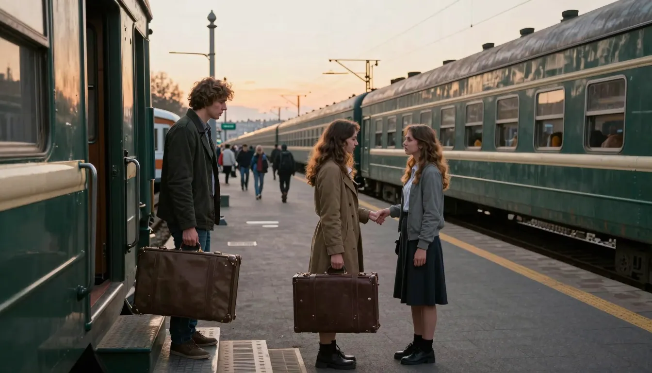 A romantic and sad scene at a grand railway station. A young...