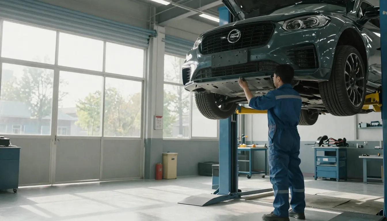 A professional car mechanic inspecting car suspension on a l...