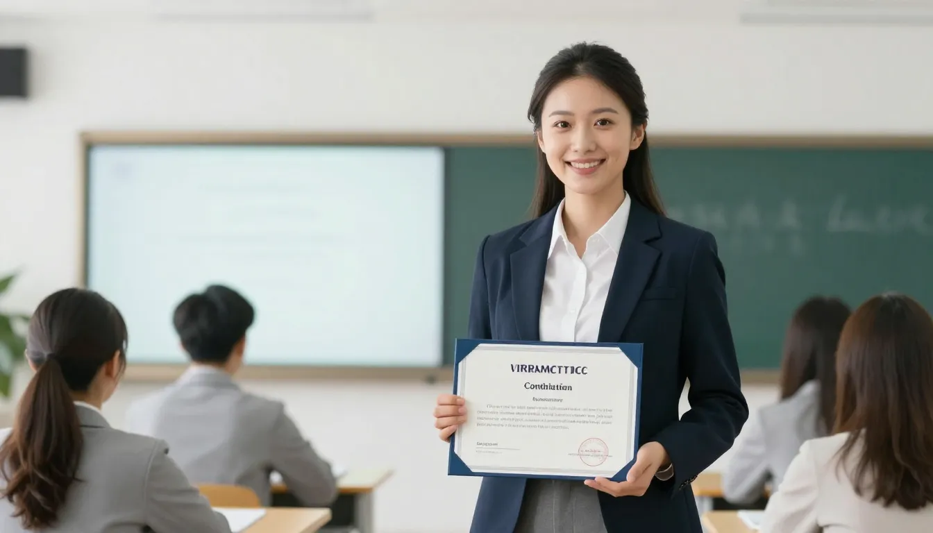 A professional teacher holding a certificate in a bright mod...