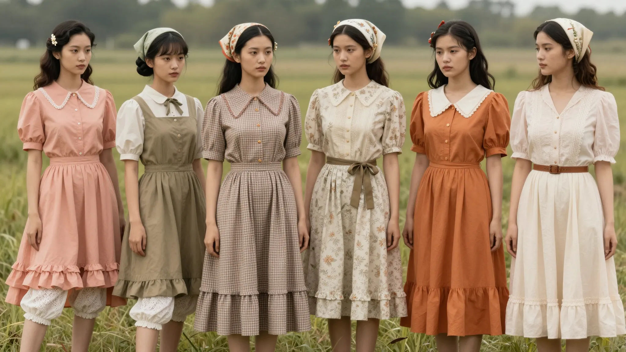 Five models in a field wearing Mori style clothing with 1950...