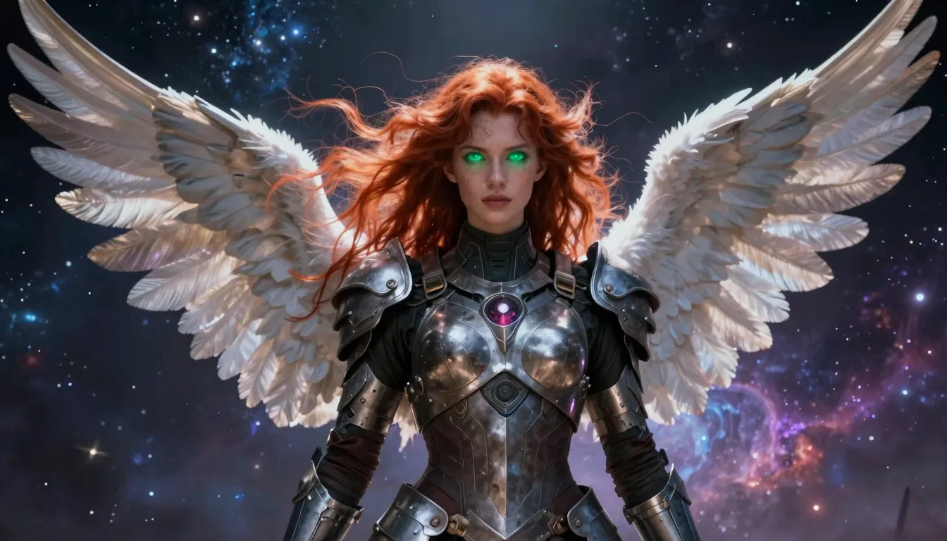 Portrait of 'Lida', an angel in armor, red hair blowing in a...