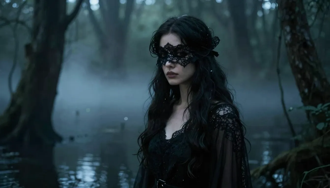 A hauntingly beautiful woman in a lace mask standing in a my...