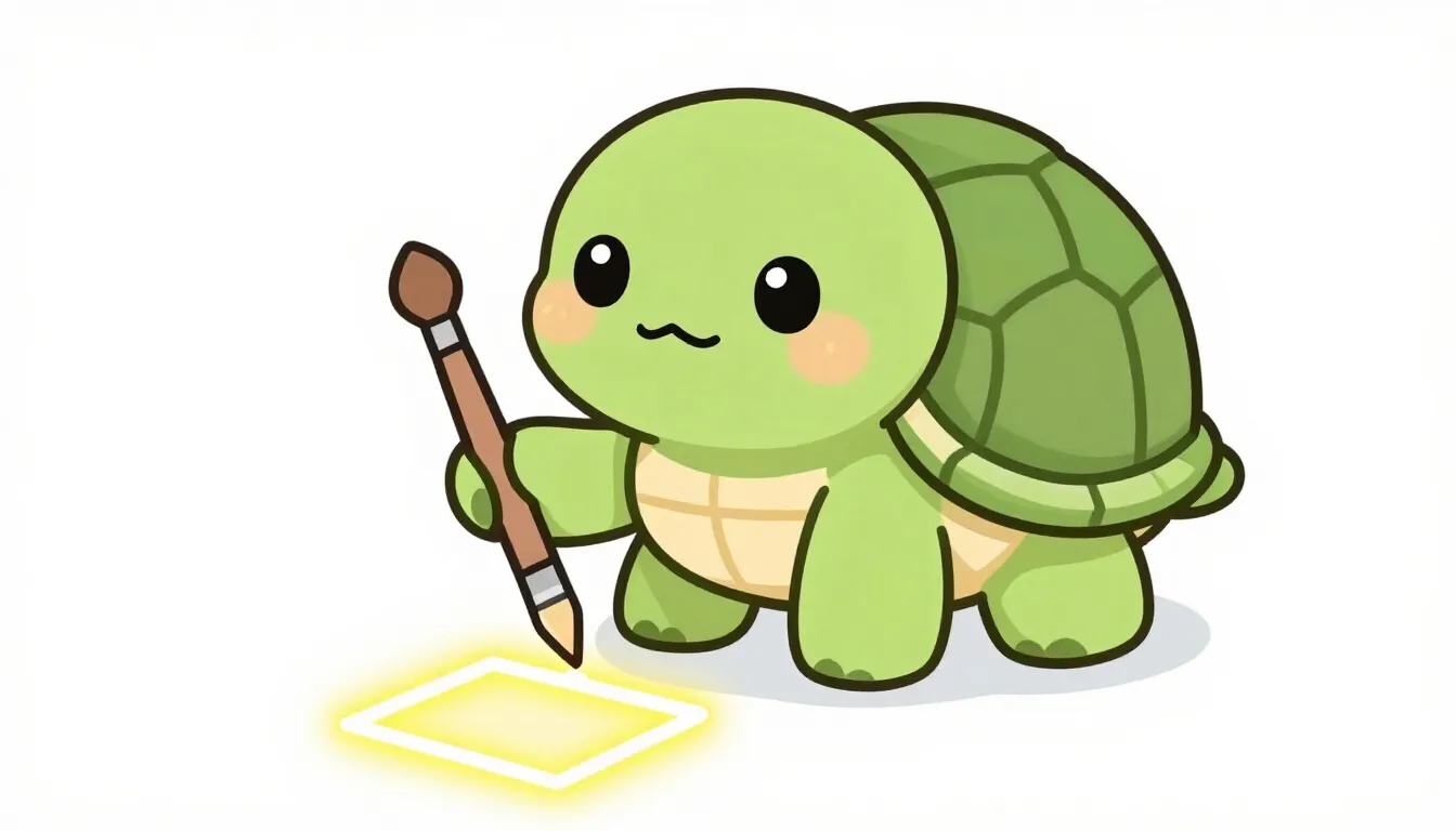 A cute cartoon turtle holding a paintbrush, drawing a glowin...
