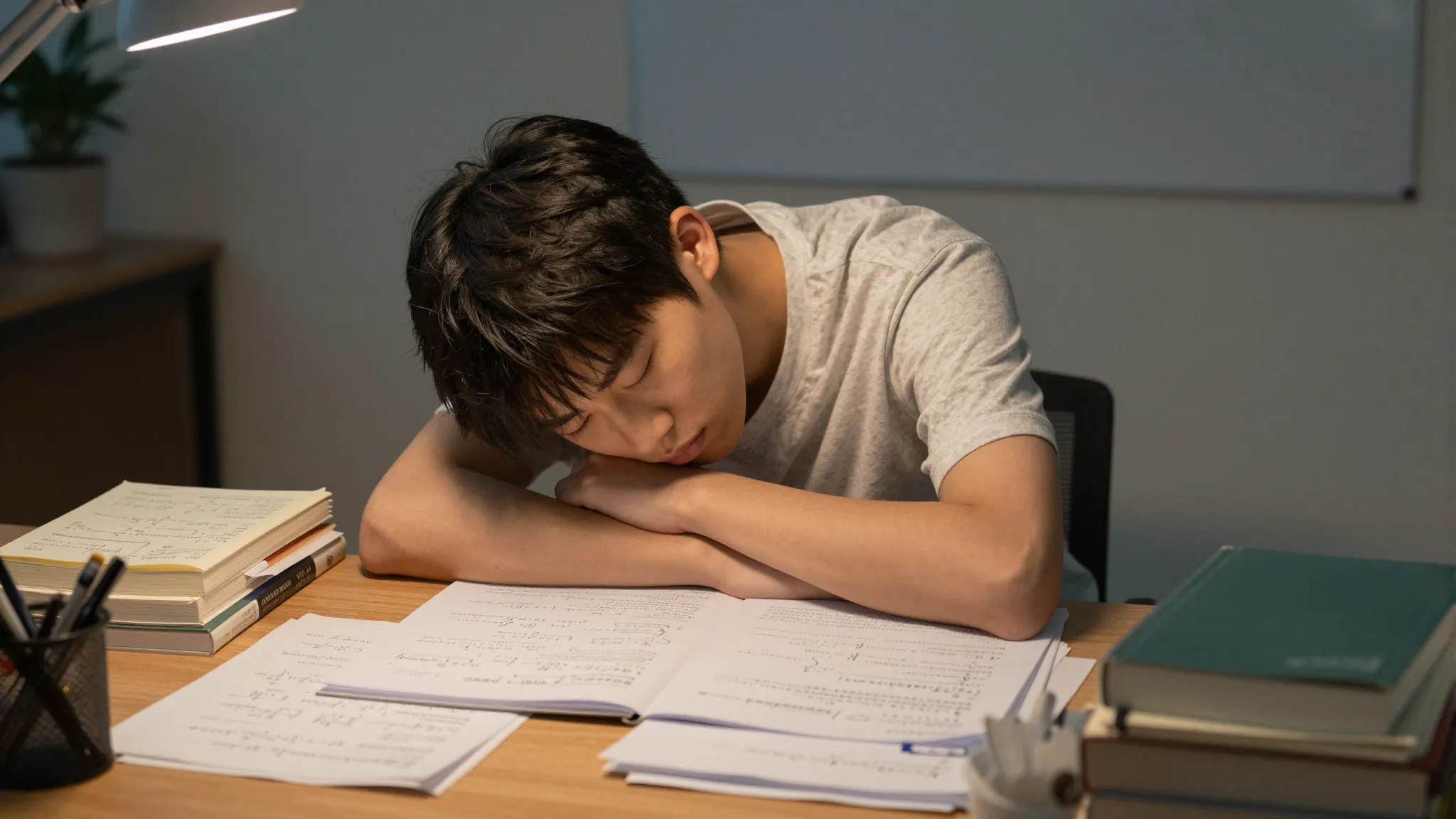 A tired student sitting at a desk covered with complex mathe...