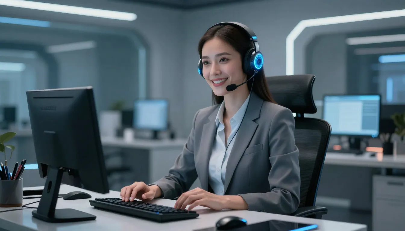 A friendly female AI assistant with glowing blue elements, s...