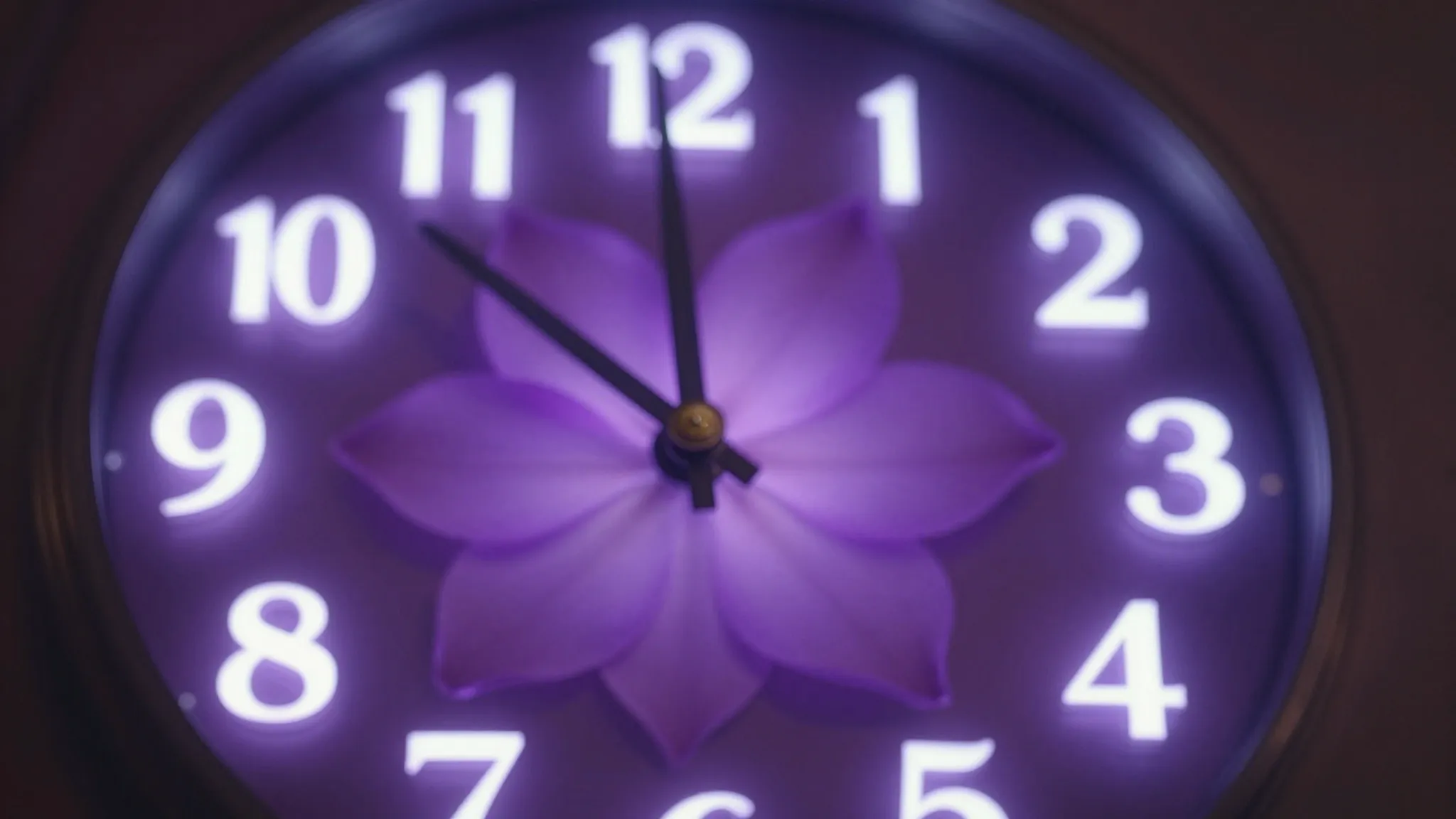 A magical clock showing 1 AM, with glowing lilac petals inst...