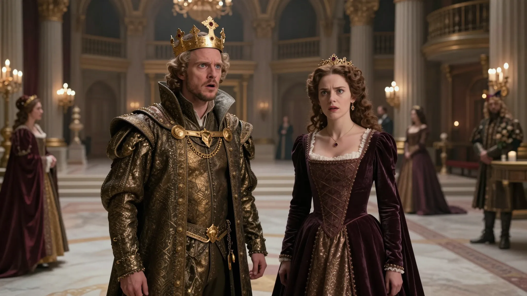 A haughty prince in royal attire looking with shock at a def...