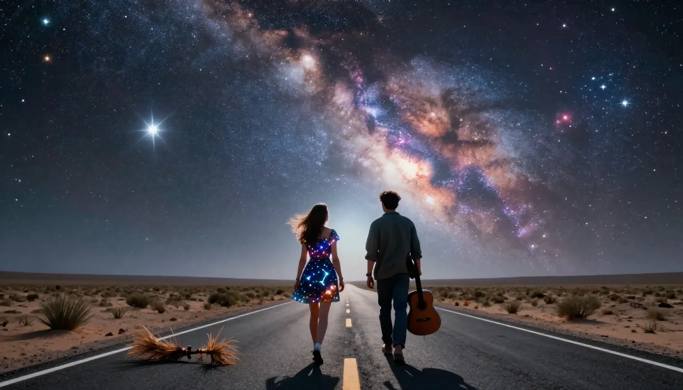 Cinematic movie frame, wide shot. A desert highway under an ...