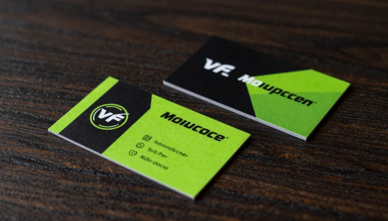 Two business cards lying on a dark wooden table, black and l...