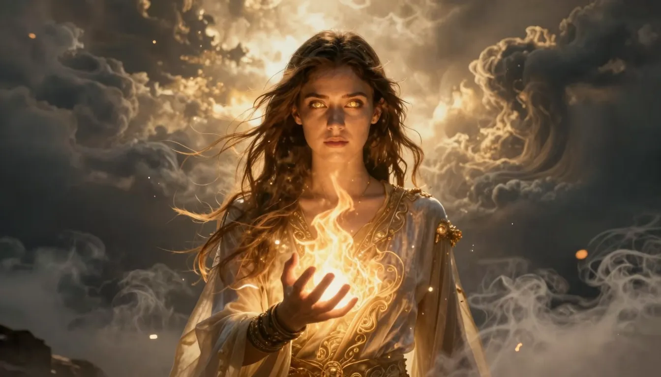 A powerful cinematic shot of a young woman standing tall and...