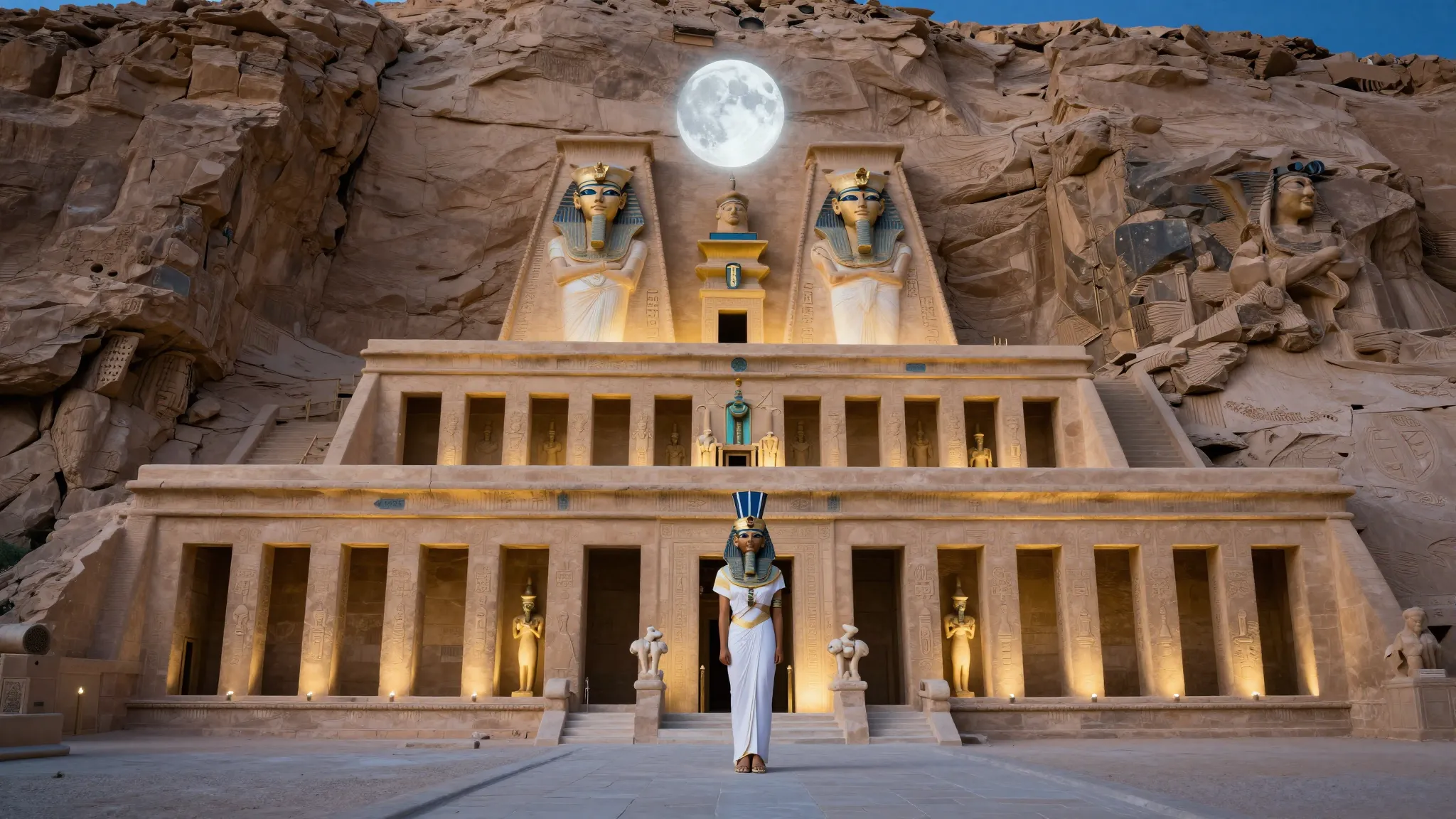 A majestic ancient Egyptian temple with three levels of terr...