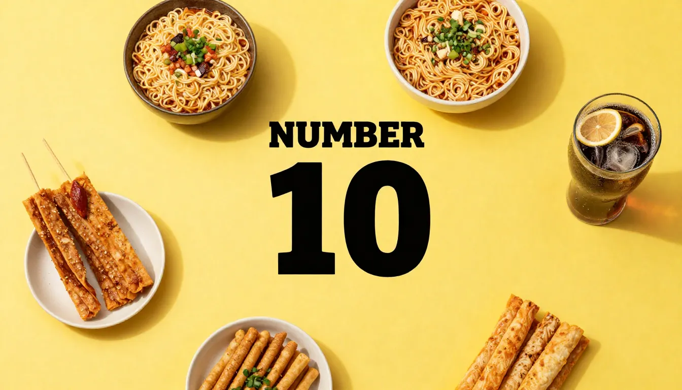 Flat lay composition of Asian snacks, noodles, and soda on a...